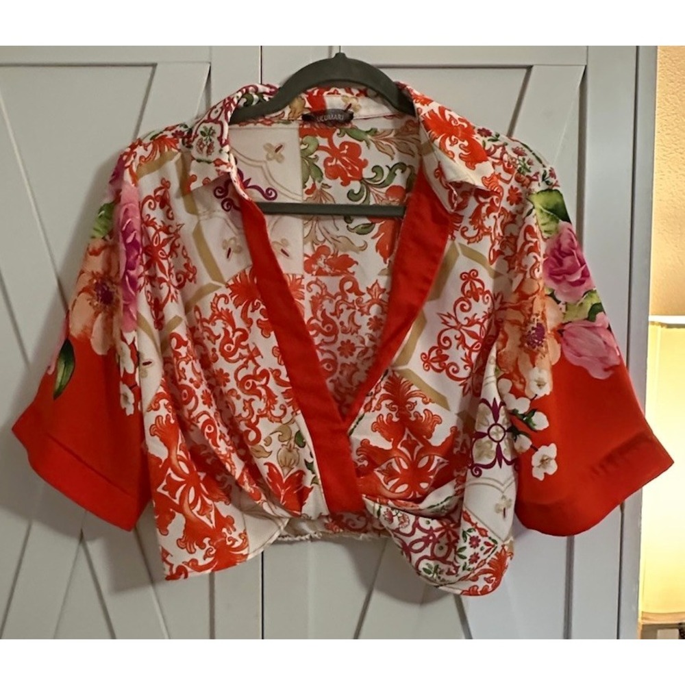 Women's Collared Floral Print Satin Polyester Tie Front Crop Blouse, Size L